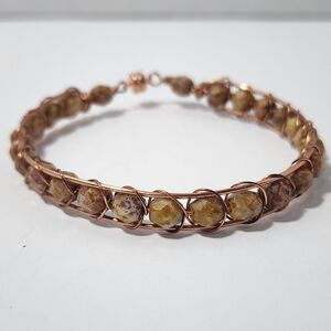 Handmade Copper Wire Bracelet w Stone Beads Resembling Yellow Jasper or Quartz
